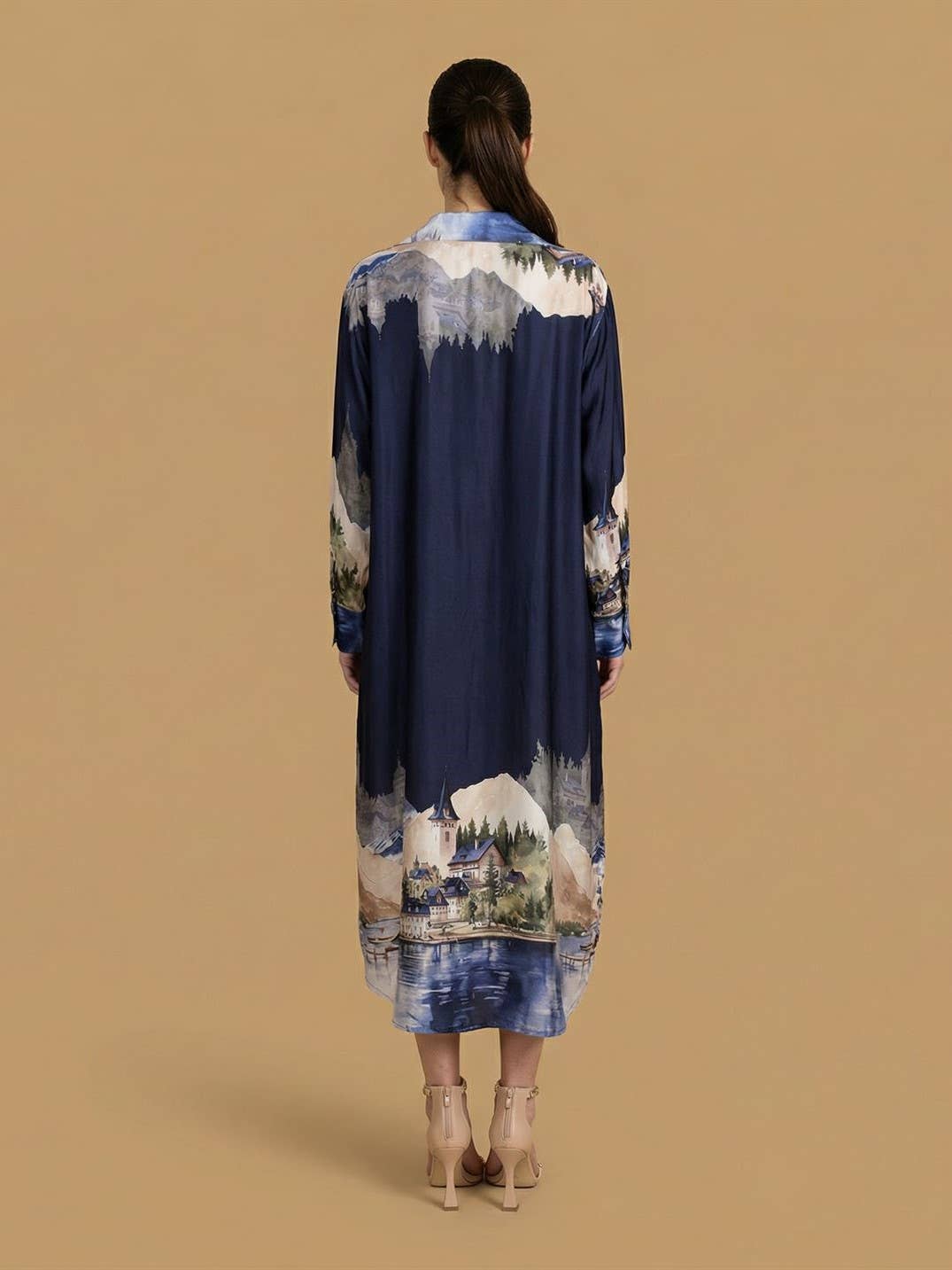 Long satin landscape print dress – KD6120VS-32: Navy Blue