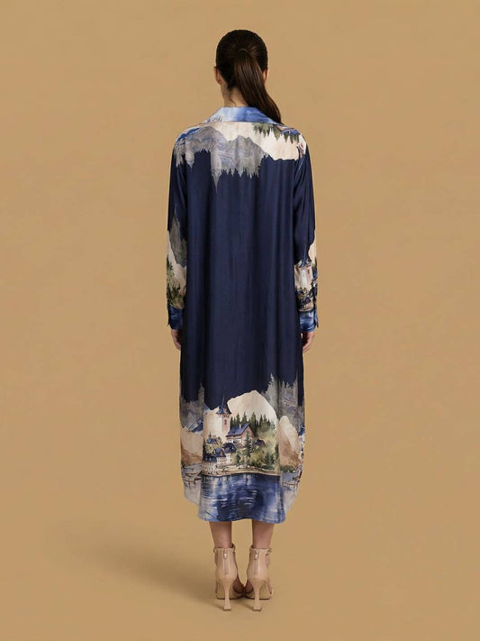 Long satin landscape print dress : Navy Blue