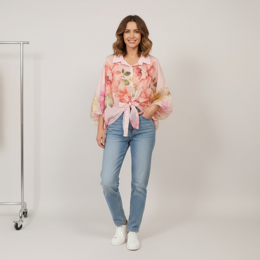 Floral printed blouse with detailed neckline : Pink