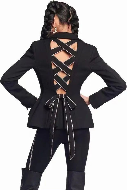 Rhinestone Elegance: Black Long Sleeve Blazer with Bow