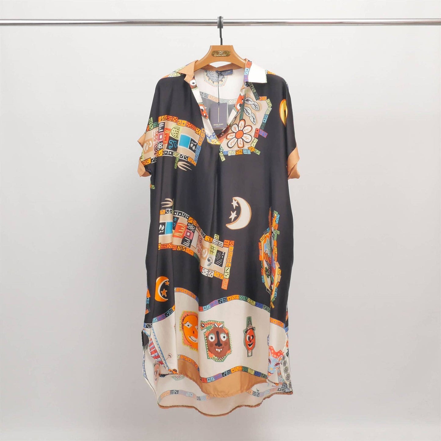Artistic print satin midi dress Ivory
