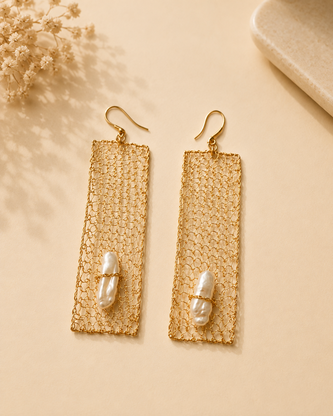 Freshwater Pearl Golden Mesh Drop Earrings