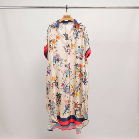 Fluid floral print silk-viscose dress -Navy Blue
