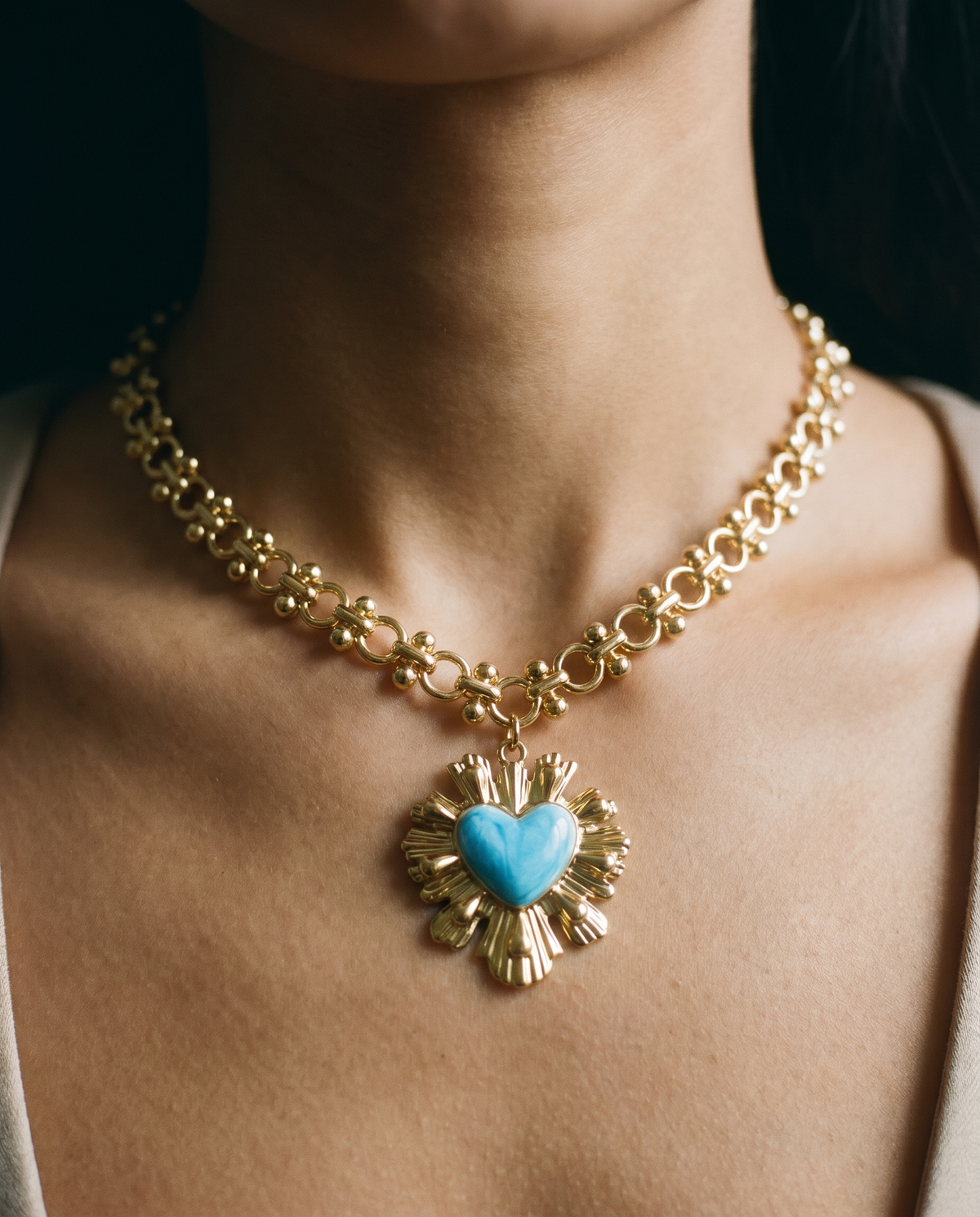 Gold Sunburst Heart Necklace | Vintage Enamel Statement Jewelry: Green