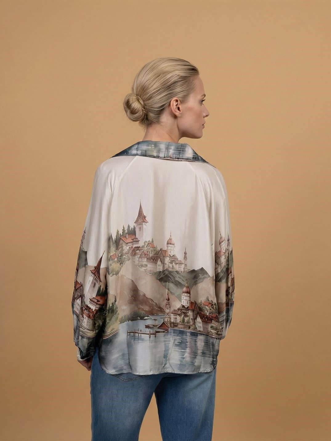 Satin landscape print tunic – KD7365VS-32: Khaki