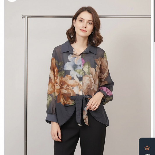 Floral printed blouse with detailed neckline Navy Blue