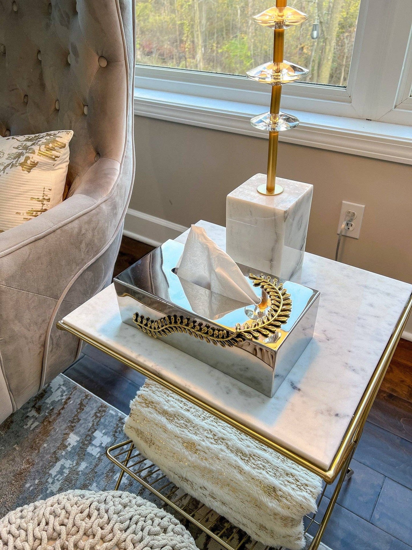 Stainless Tissue Box With Gold Curry Leaf Design