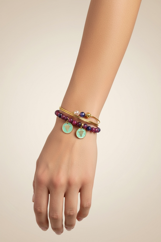 Navy & Burgundy Beaded Bracelet with Turquoise Patina Leaf Charm