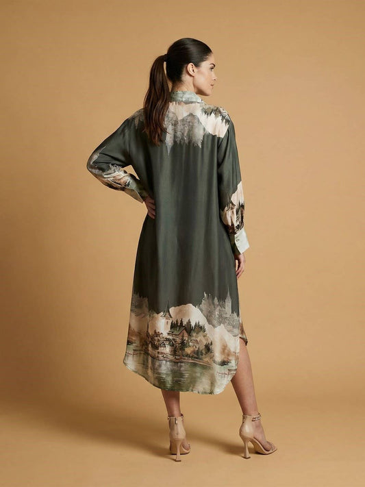 Long satin landscape print dress : Khaki