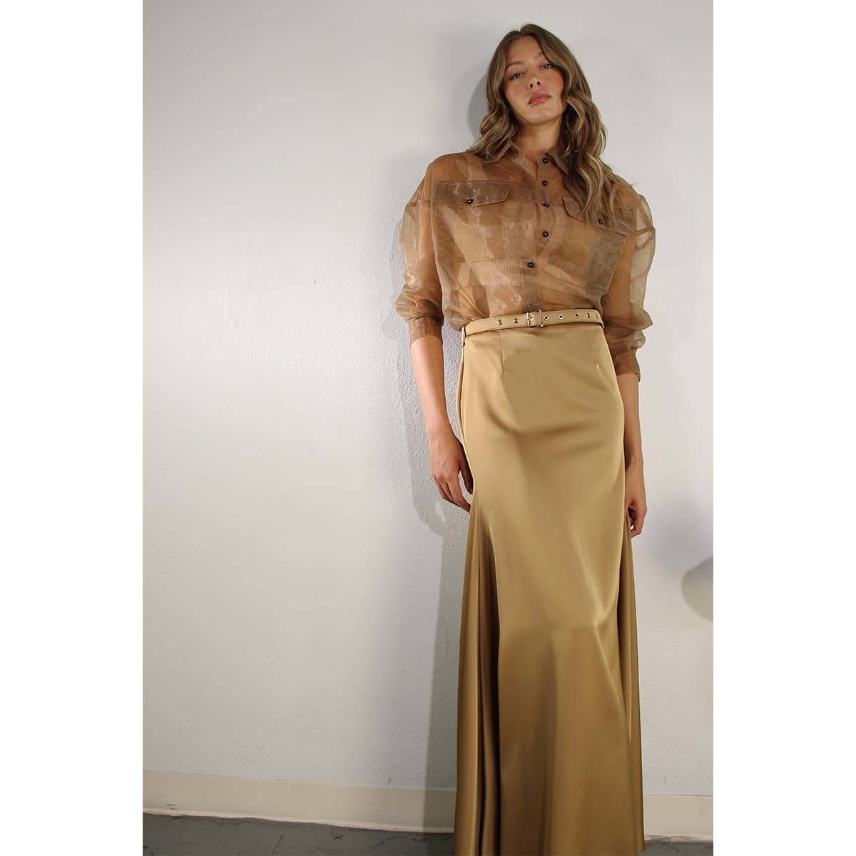 SHEER LONG SHIRTS AND SATIN LONG SKIRTS SET: BRONZE GOLD