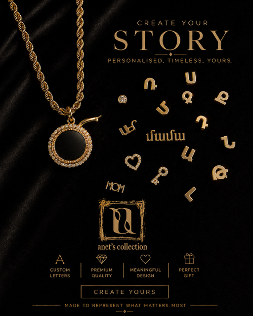 Custom Charm Holder Necklace – Armenian Alphabet Initials, Heart Charms & Personalized Name Pendant