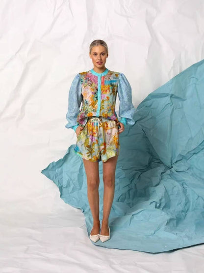 Temperament linen long sleeve shirt shorts suit