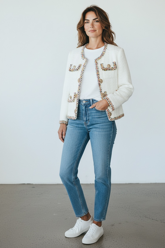 Multicolor Trim Wool Blend Tweed Buttoned Jacket