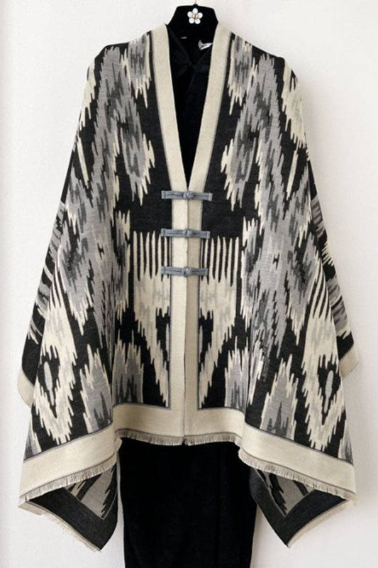 Print Toggle Front Cape Cardigan: BLACK / One Size