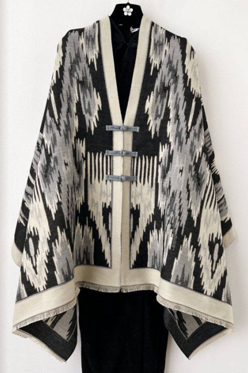 Print Toggle Front Cape Cardigan: WINE / One Size