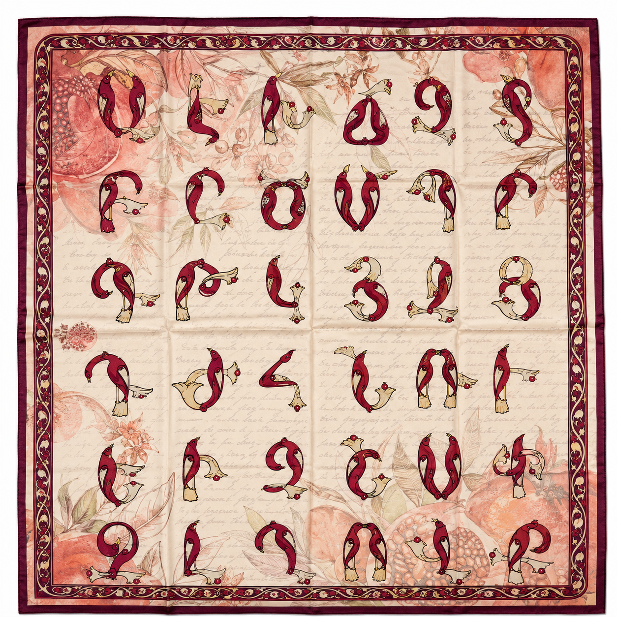 Pomegranate Bird Armenian Alphabet Scarf