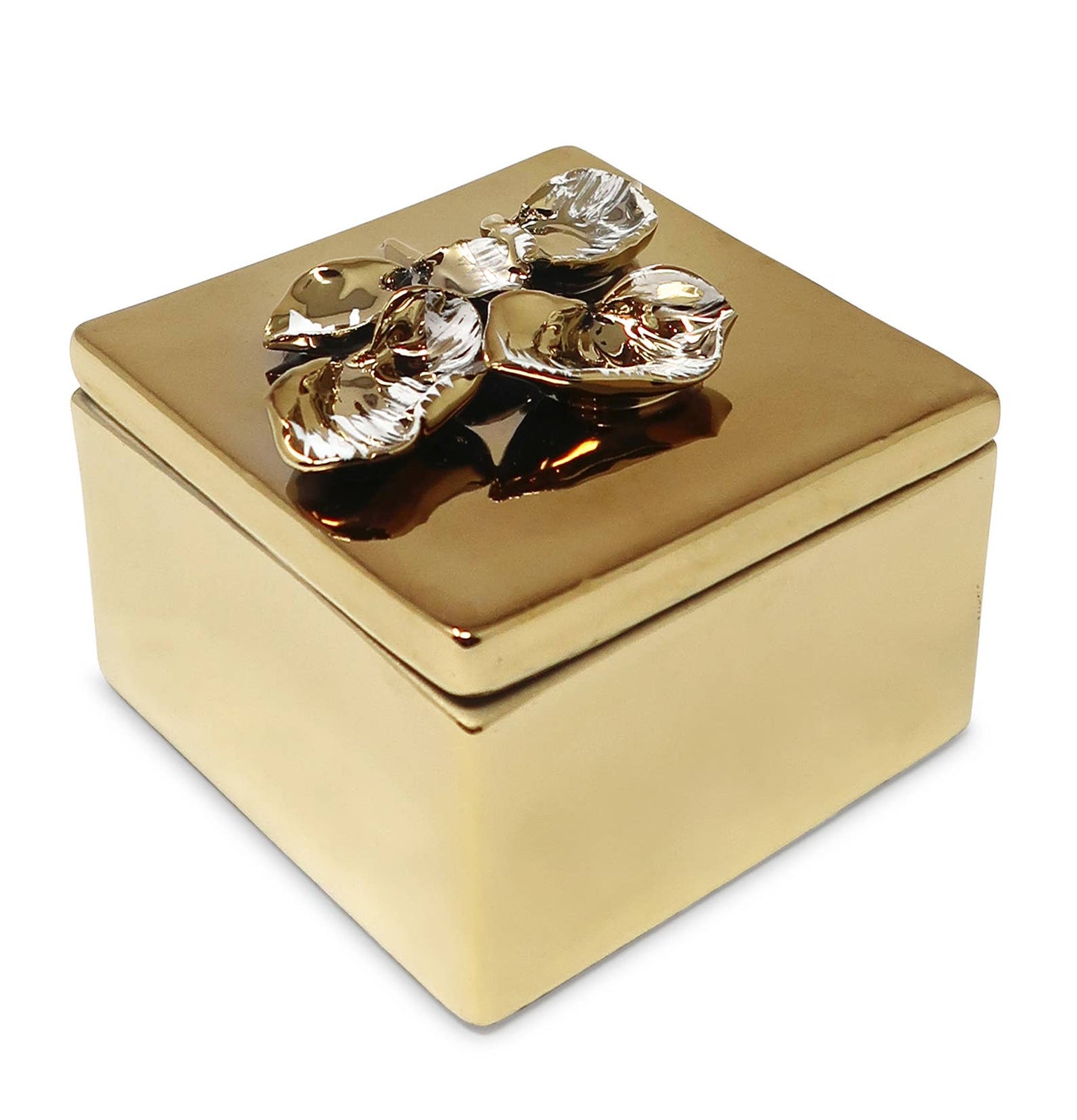Square Gold Decorative Box With Flower Design on the Lid: Floral