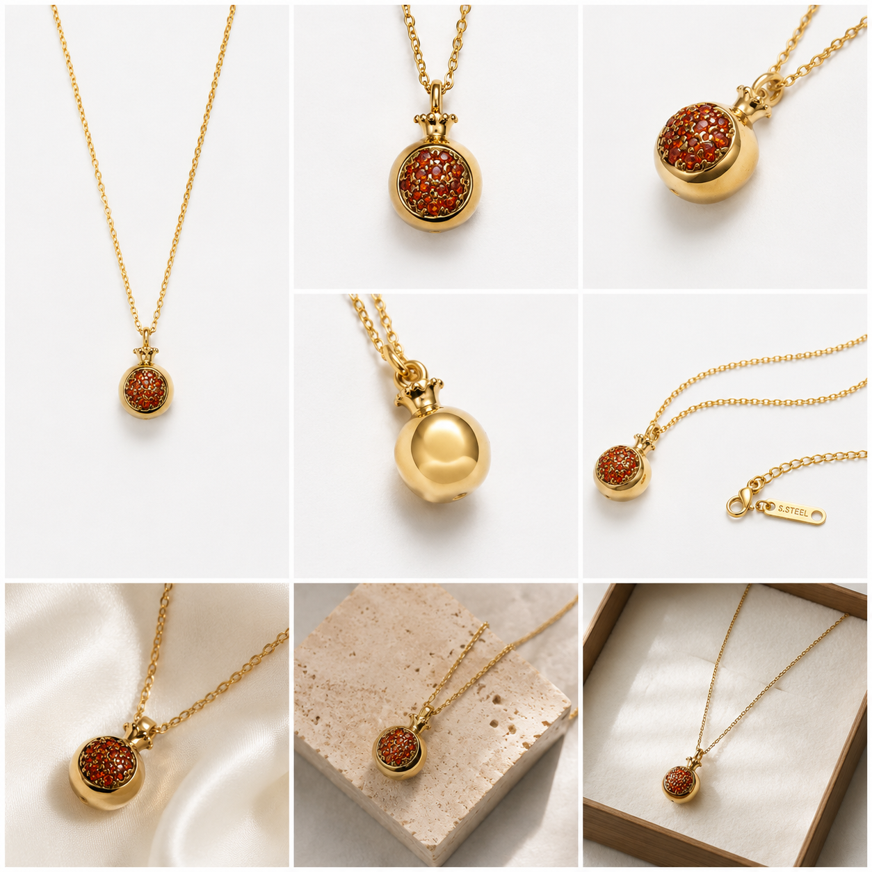 Golden Pomegranate Sparkle Pendant Necklace – Stainless Steel