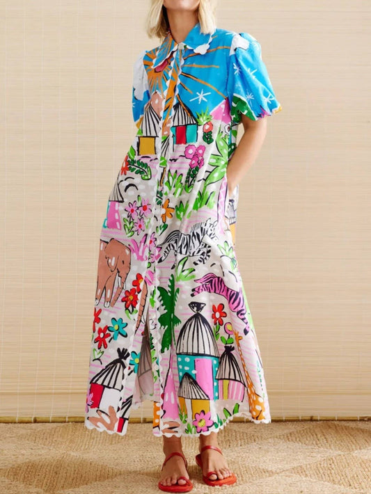 Lace Trim Animal Unique Print Short Sleeve Shirt Dress