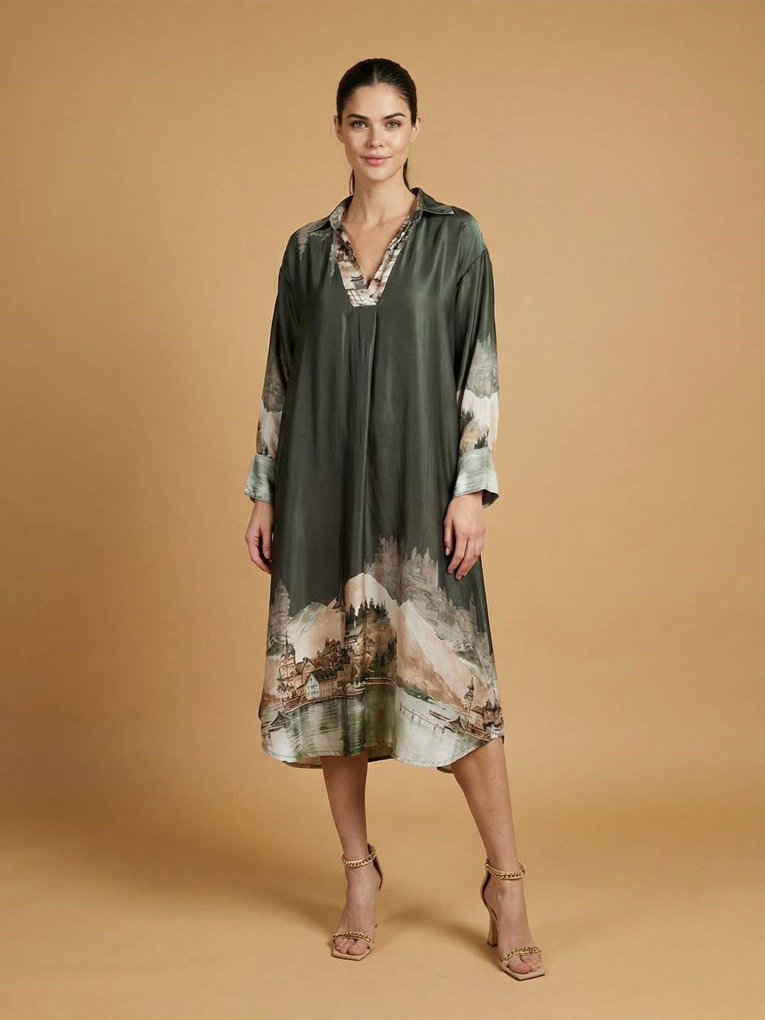 Long satin landscape print dress – KD6120VS-32: Navy Blue