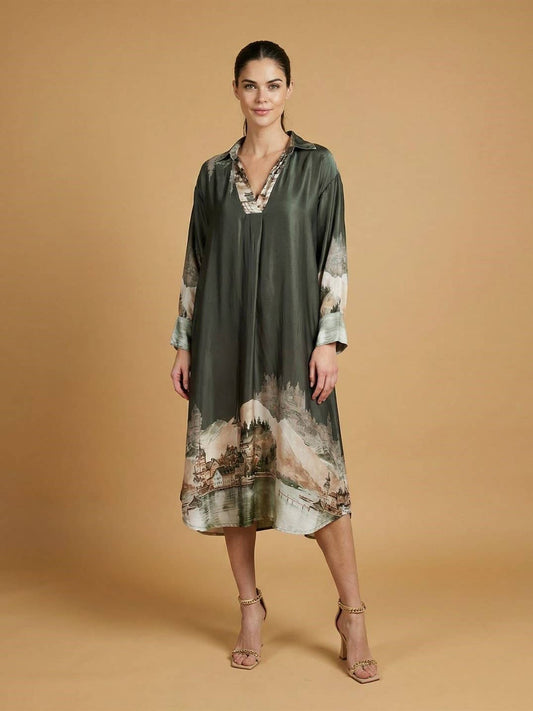 Long satin landscape print dress : Khaki