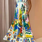 Folk print polyester strap swing midi dress