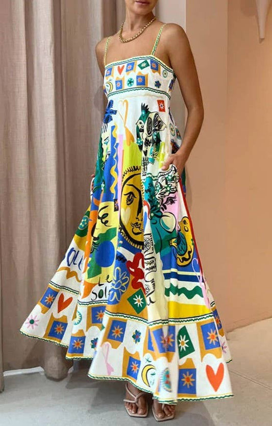 Folk print polyester strap swing midi dress