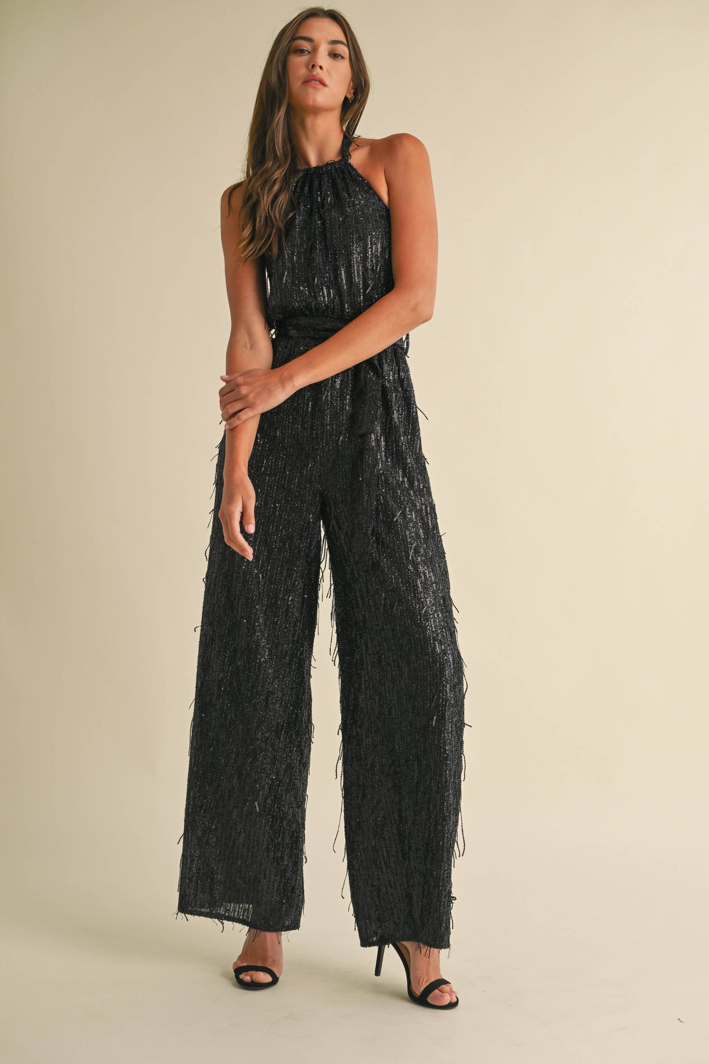 Feather Sequin Jumpsuit: Black