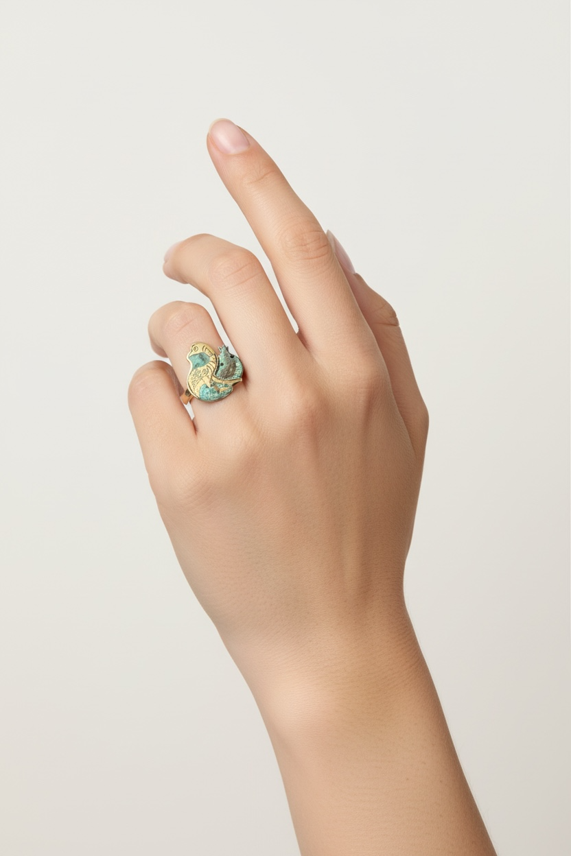 Brass Ring with Turquoise Patina, Bird & Pomegranate Etching