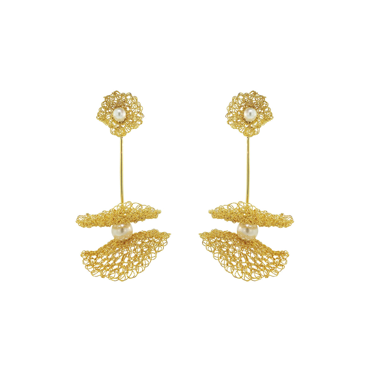 Pearl & Gold Nalu Maxi Dangle Handmade Crochet Earrings