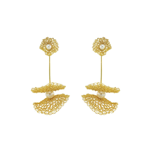 Pearl & Gold Nalu Maxi Dangle Handmade Crochet Earrings