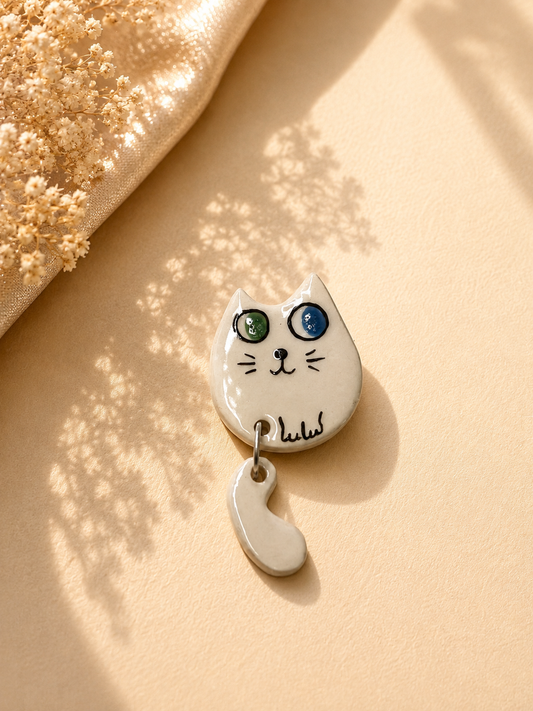 Whimsical Cat Ceramic Brooch with Dangling Tail