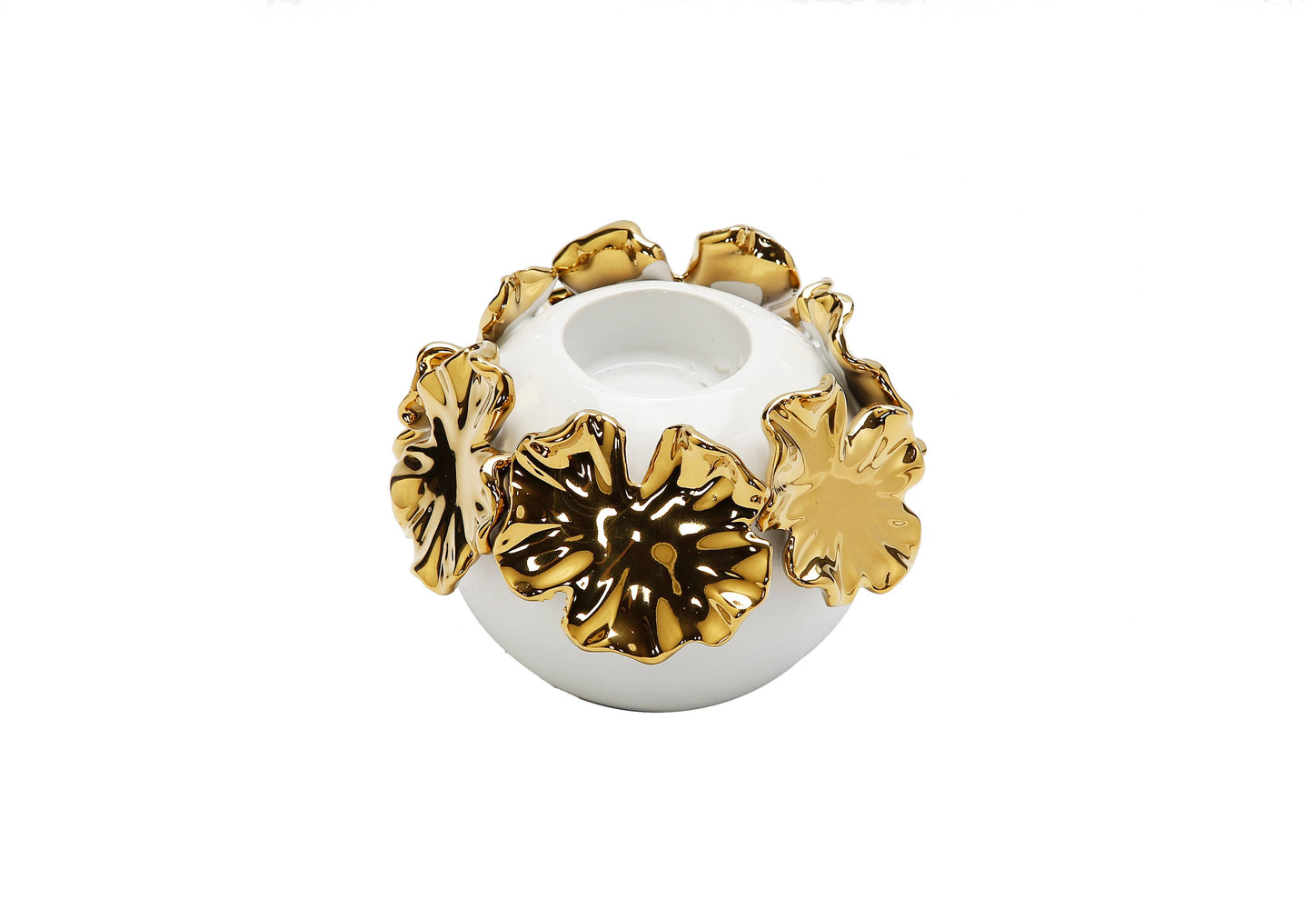 White Ceramic Candle Holder Gold Flower Design: Small