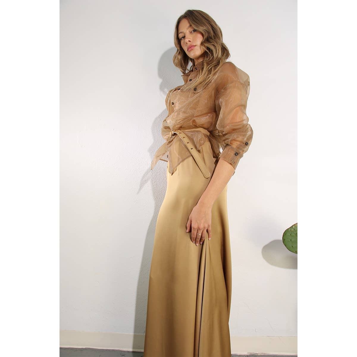 SHEER LONG SHIRTS AND SATIN LONG SKIRTS SET: BRONZE GOLD