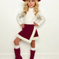Ivory Ribbed Turtleneck Top and Berry Faux Suede Fur-Trimmed Skort Set