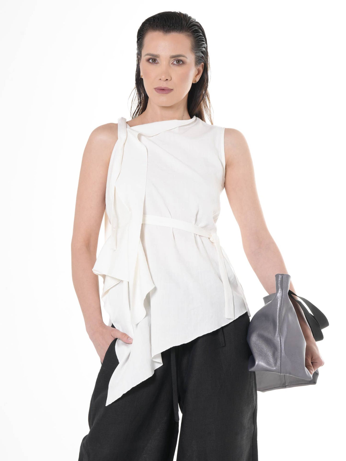 Sleeveless Asymmetric Top In Ivory: Ivory / XL