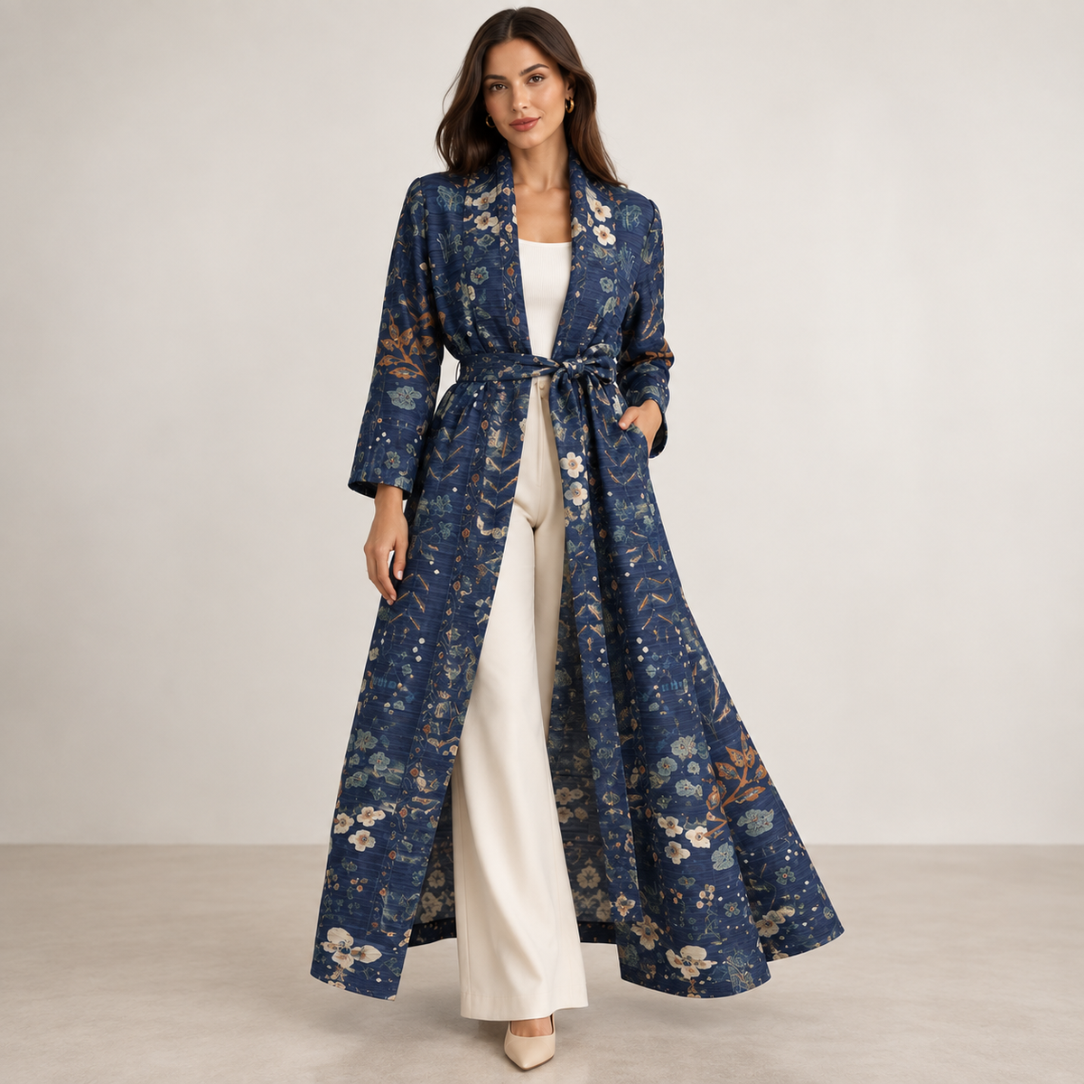 Heritage Antique Rug-Inspired Belted Kaftan Robe — Midnight Blue