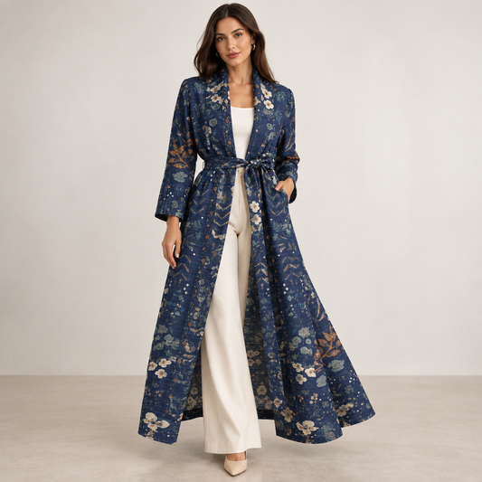 Heritage Antique Rug-Inspired Belted Kaftan Robe — Midnight Blue