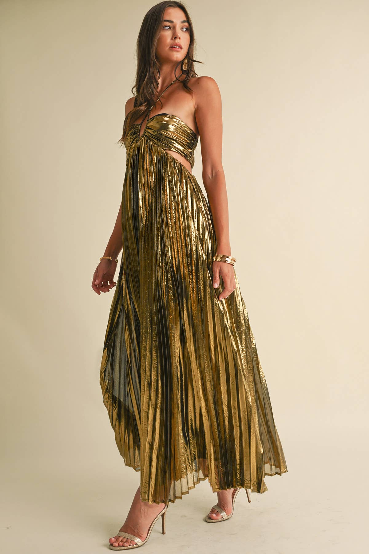 Metallic Pleat Maxi Dress