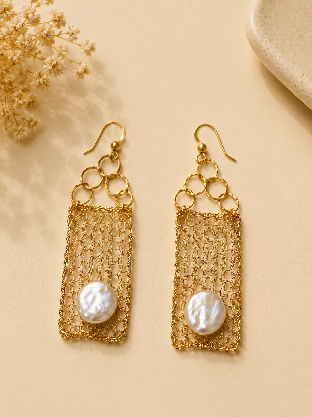 Pearl Cascade Golden Mesh Earrings