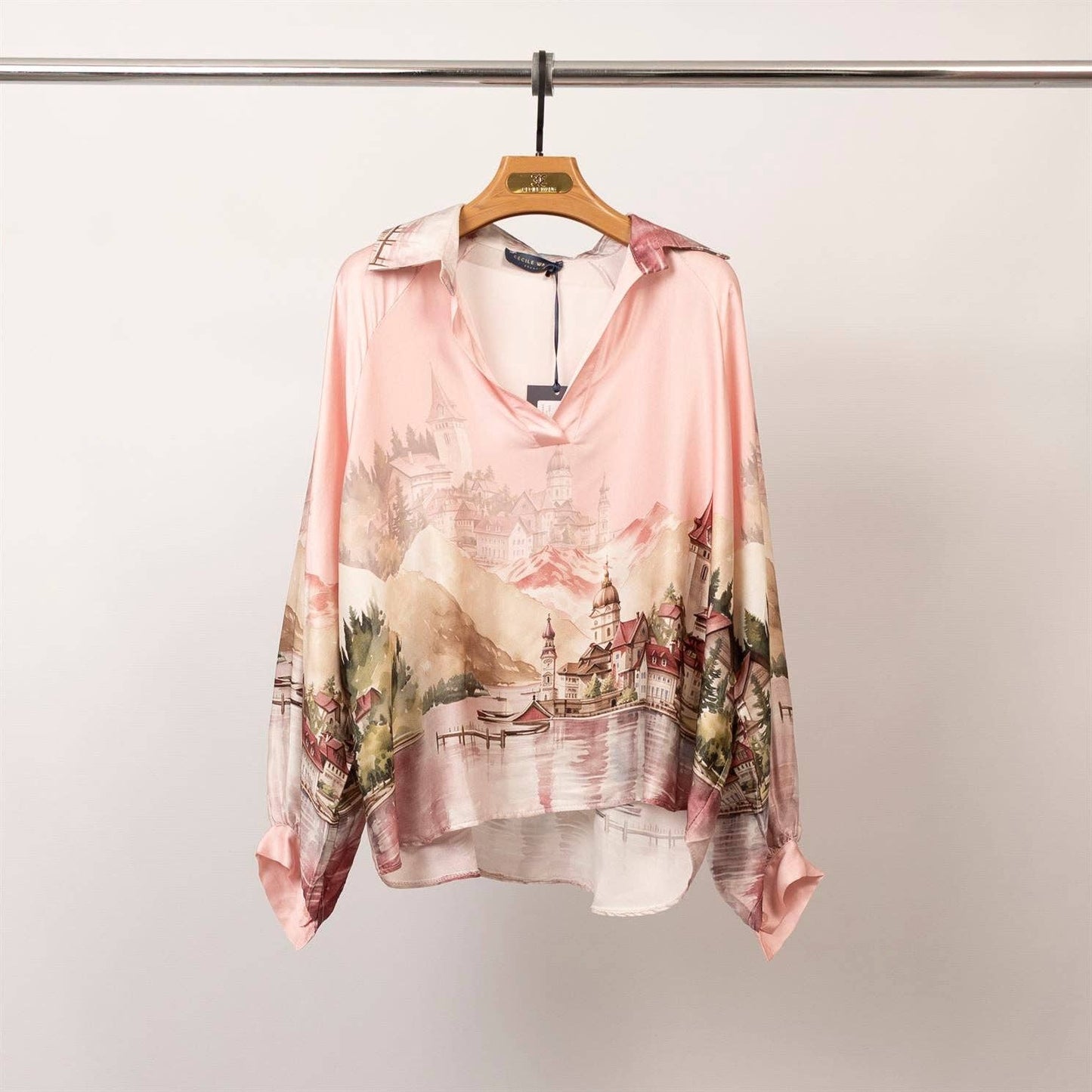 Satin landscape print tunic – KD7365VS-32: Khaki