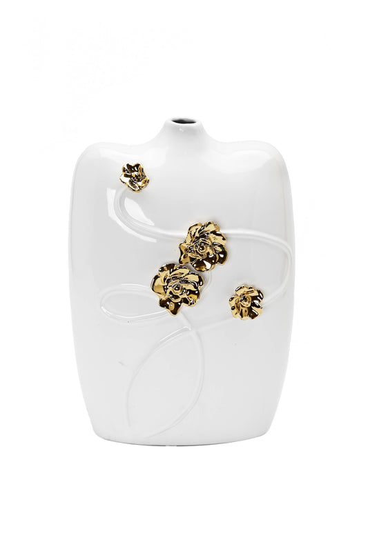 White Ceramic Vase Gold Flower Design