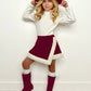 Ivory Ribbed Turtleneck Top and Berry Faux Suede Fur-Trimmed Skort Set