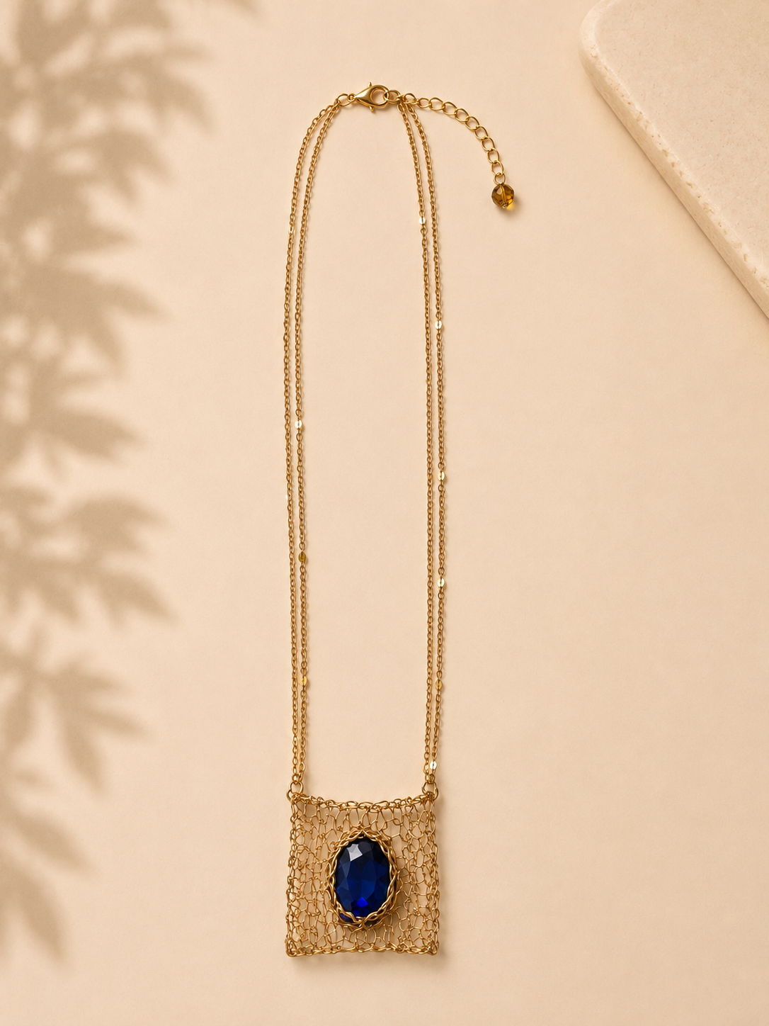 Cobalt Swarovski Crystal Golden Mesh Pendant Necklace
