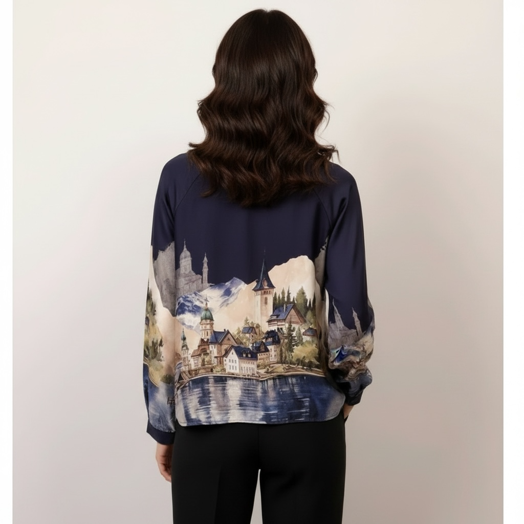 Satin landscape print tunic : Navy Blue