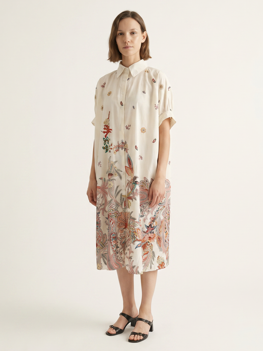 Printed cotton shirt dress, loose fit : Ivory