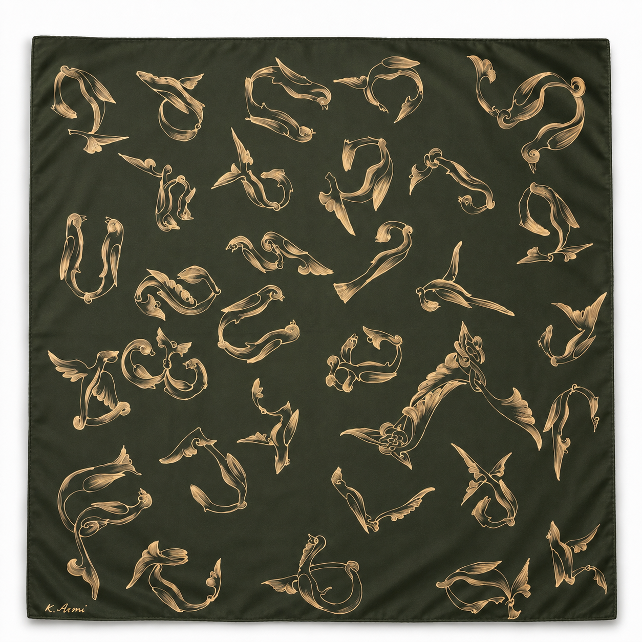 Batik Armenian Alphabet Silk Scarf square green
