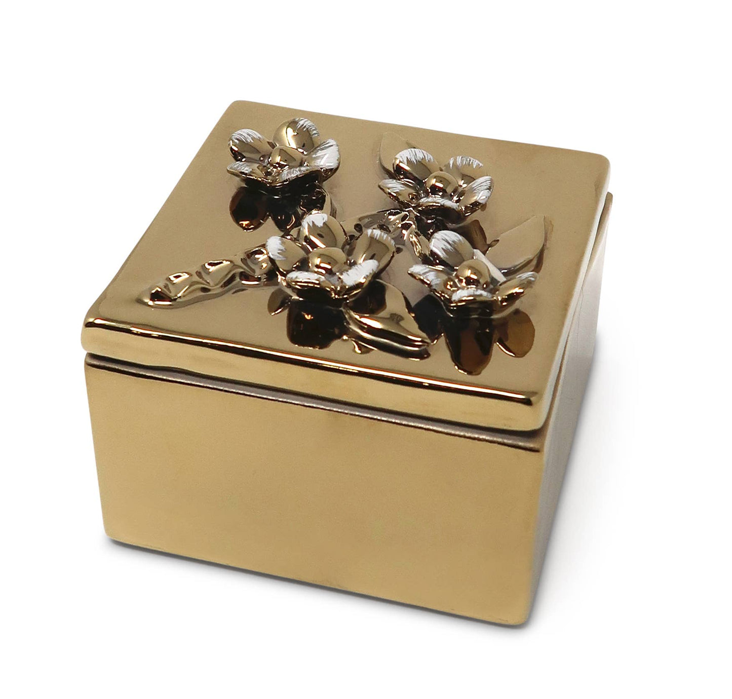 Square Gold Decorative Box With Flower Design on the Lid: Floral