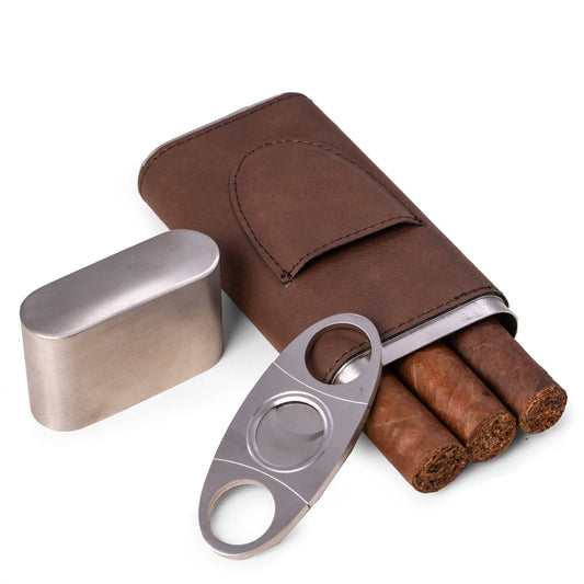 Harrison Leather and Steel Cigar Case with Cutter: Brown