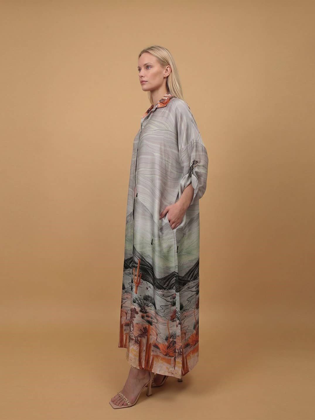 Long satin desert landscape print dress – KD9316VS-34: Khaki